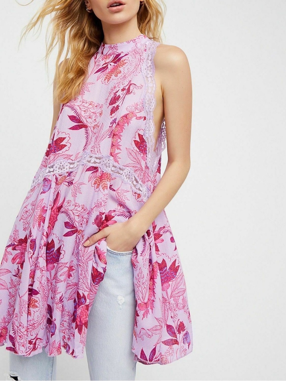 Free People Pink Floral Lace-Trim Tunic Dress